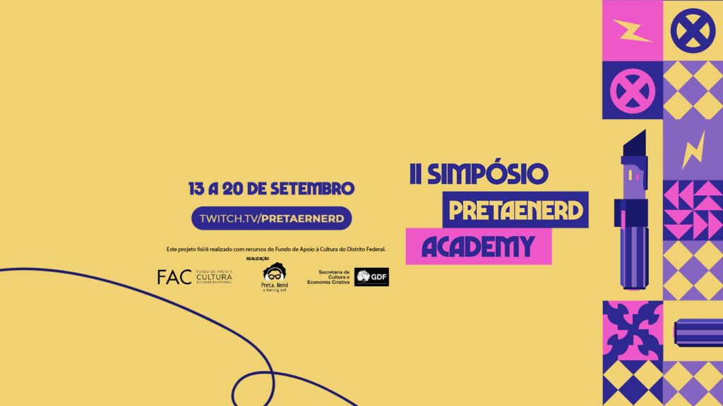 Fundo amarelo com uma estampa semelhante à colcha de retalhos à direita. Os quadrados correspondentes são dispostos de forma aleatória e são coloridos em tons de roxo, lilás, rosa choque e amarelo. Os simbolos são o círculo com o X no meio (dos X-men), uma empunhadura de sabre de lux, uma letra N maíscula , e estampas geométricas com triângulos, quadrados e um X estilizado.